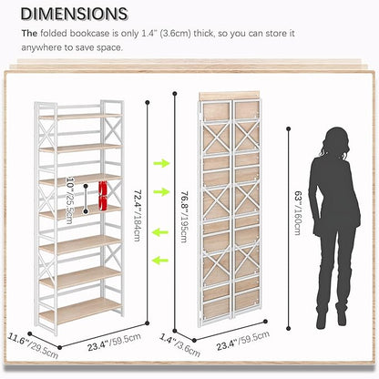 4NM 7 Tiers No Assembly Book Shelves, 72.4" H Folding Bookshelf Bookcase Open