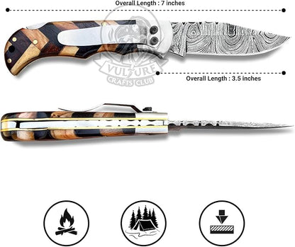 Damascus Pocket Knife for Men Handmade - 6.5 Inches Damascus Folding Knife with Sheath -Ideal for Him as an Anniversary Present - Best for EDC - Camping and Hiking - Pocket Knives with Back Lock