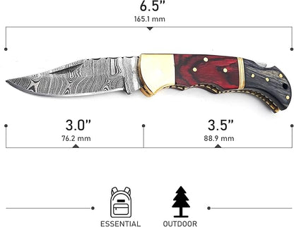 6.5 inch Damascus Pocket Knife with Sheath, Handmade Folding Pocket Knife for Men, Black-Red Wooden Handle with Brass Bolster, Secure Lock Back Camping Knife for EDC,Hunting,Hiking (Red)