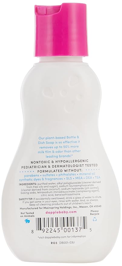 Dapple Baby Dish Bundle Includes Baby Bottle & Dish Liquid, Travel Size 3 Fl Oz and 16.9 Fl Oz Bottle, 2 ct., Fragrance-Free, Powered by Plants, Hypoallergenic