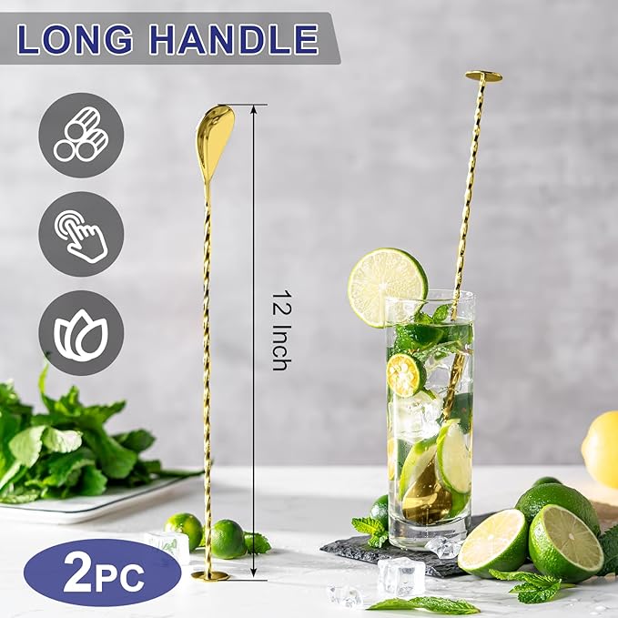BRIOUT 2 Pcs Bar Spoon, 12 Inches Long Handle Drink Stirrer, Stainless Steel
