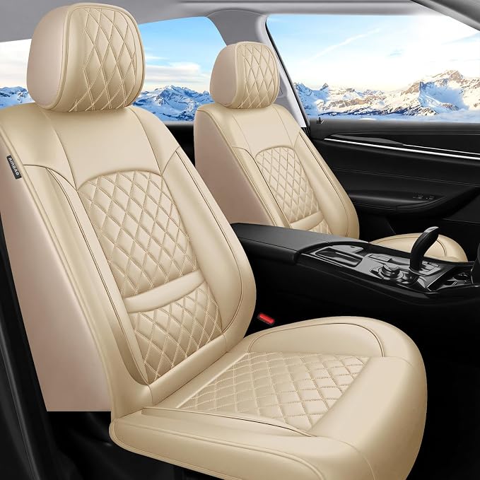Car Seat Covers Compatible with Hyundai Elantra 2017-2025 2026 - Full Set 5 Seats Luxury Leather All-Weather Seat Cushions & Protectors, Waterproof & Breathable, Airbag Compatible (Beige)