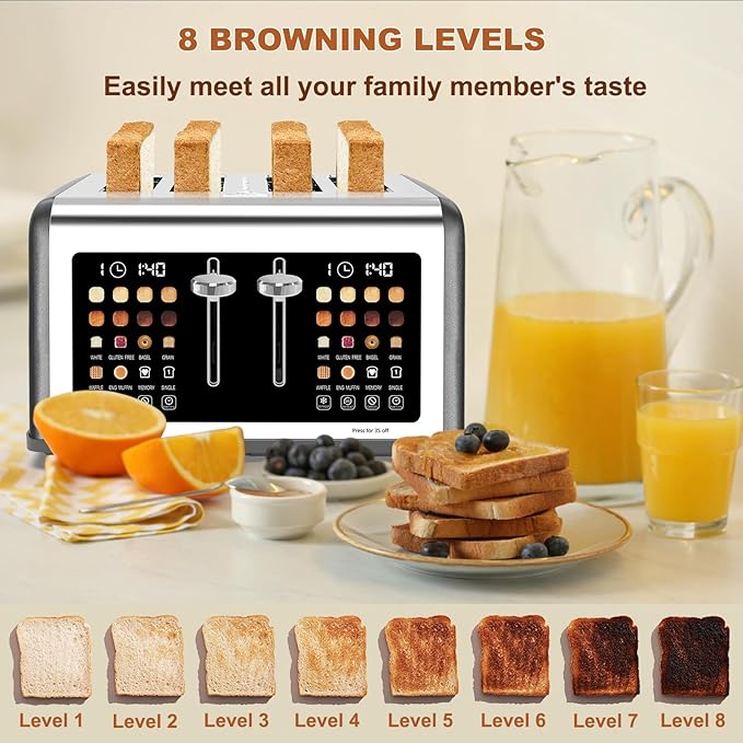 4 Slice Toaster Touch Screen, Stainless Steel Toasters Digital Timer, Dual