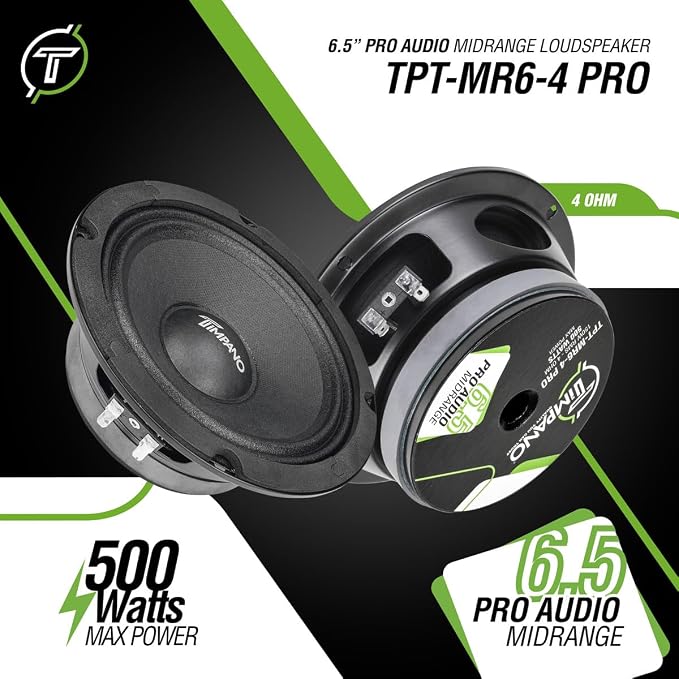 Timpano 6.5 Inch Shallow Midrange Speaker 500 Watts TPT-MR6-4 PRO Bundle 6.5 Midrange Speakers 4 Ohm Shallow Mount Car Audio Speaker, Pro Audio Loudspeaker Compact for Doors (Pair)