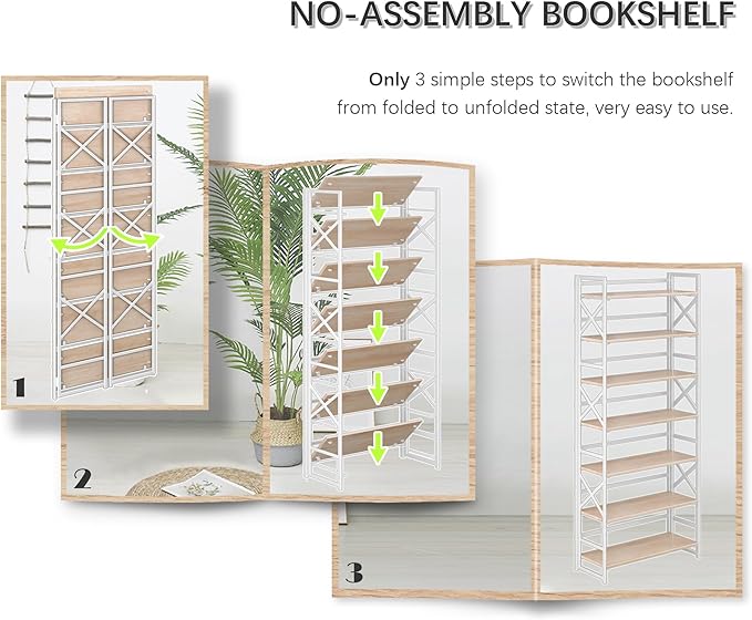 4NM 7 Tiers No Assembly Book Shelves, 72.4" H Folding Bookshelf Bookcase Open