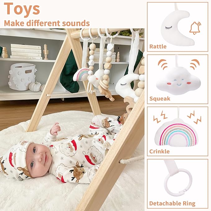 little dove Foldable Wooden Play Gym with 6 Toys - Infant Activity Gym for Baby Girls and Boys with Hanging Bar - Montessori Newborn Gift