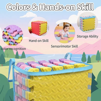 36 Tiles Foam Play Mat for Baby, 0.4 Inch Thick Foam Interlocking Floor Mats, Non-Toxic Baby Playmat, Solid Colored Puzzle Play Mat Kids Floor Mats for Toddler(Pink/Purple/Yellow/Light Blue)