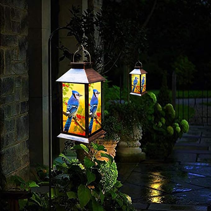 Solar Lanterns Outdoor Hanging Blue Jay Solar Lights Decorative for Garden Patio Porch and Tabletop PVC Waterproof LED Lantern (1pack)…