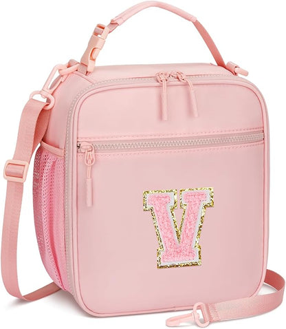 Initial Insulated Lunch Bag for Girls Kids, Back to School Gift, Reusable Leak-proof Lunch Box with Adjustable Strap for School Daycare Travel Picnic (Pink,V)