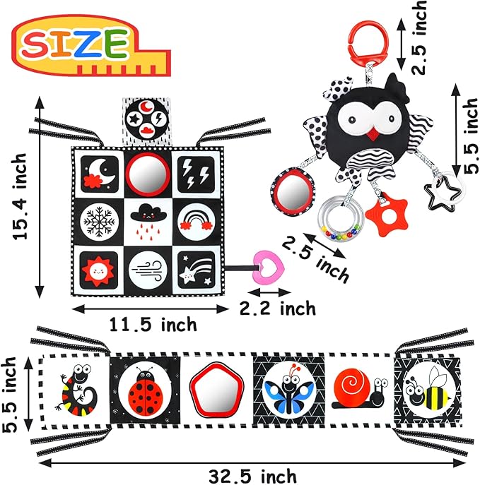 KUANGO Black and White High Contrast Baby Toys 0-6 Months with Mirror, Crinkle and Rattles, Soft Baby Toys for Brain Development Montessori Sensory Tummy Time Newborn Infant for 0 3 6 9 Months Old
