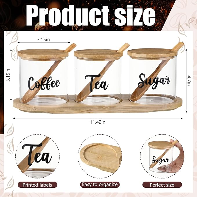 LemonRoad 3 Pack Coffee Sugar Tea Container Set Glass Jars