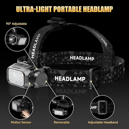 Rechargeable LED Headlamp, High Lumen Super Bright Head Lamp with Red Light, Motion Sensor, 5 Modes, 90° Adjustable, Waterproof Lightweight Headlamps for Adult Running, Camping, Fishing