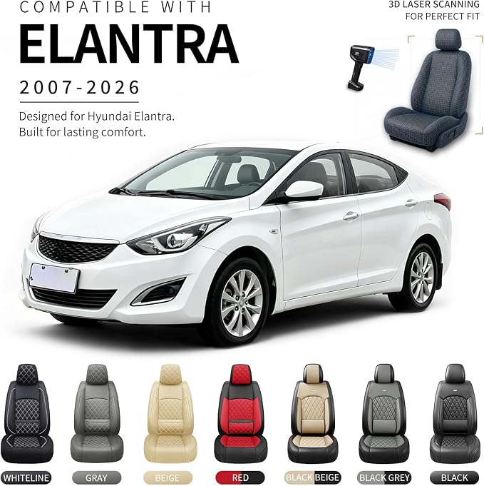 Car Seat Covers Compatible with Hyundai Elantra 2017-2025 2026 - Full Set 5 Seats Luxury Leather All-Weather Seat Cushions & Protectors, Waterproof & Breathable, Airbag Compatible (Whiteline)