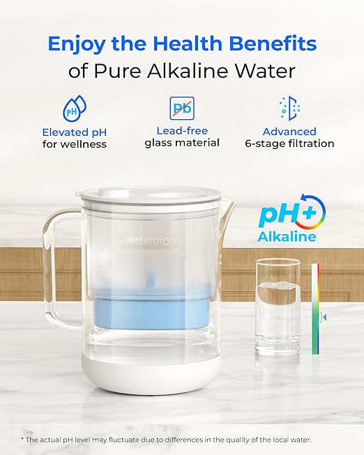 Waterdrop PT-72C-A Glass Alkaline Water Filter Pitcher, Eco-Friendly, Enhances