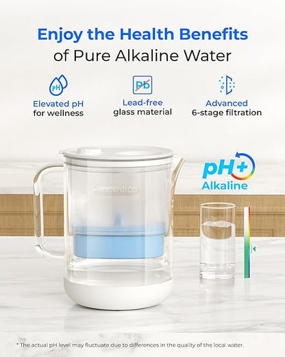 Waterdrop PT-72C-A Glass Alkaline Water Filter Pitcher, Eco-Friendly, Enhances