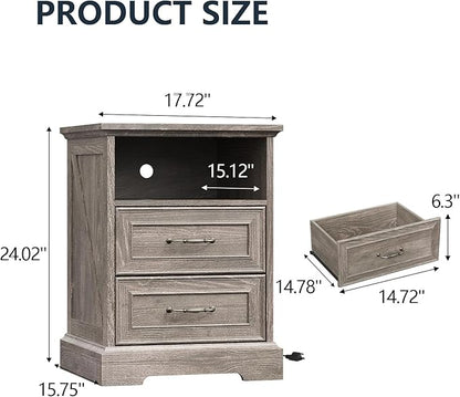 Nightstand with Charging Station, Rustic Farmhouse Wood Small Dresser, Bedside