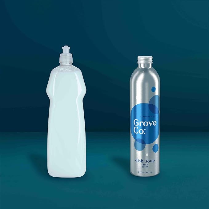 Grove Co. Dish Soap, 3 x 16 fl oz Refills + Refillable Glass Dispenser | Free & Clear; Plastic-Free; Reusable dispenser; Refill format; Removes Stuck on Food; 98% plant-based ingredients