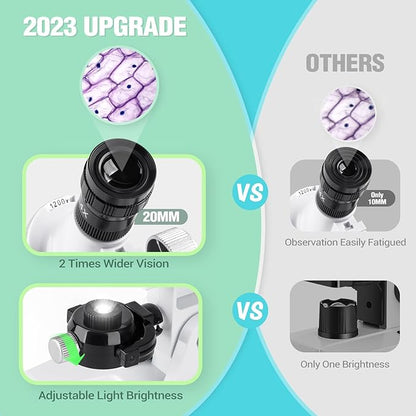 Kids Beginner Microscope Science Kit with 100X-1200X, 13 Prepared Slides & DIY Blank Slides, 18MM HD Len, LED Light Adjustable and ABS Box, Microscope for Kids 5-7 8-12