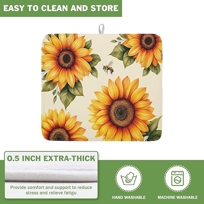 Spring Summer Dish Drying Mat 16x18 Inch Absorbent Reversible Sunflower Drying