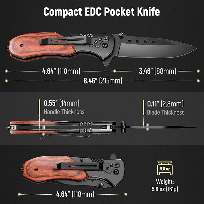 Pocket Knife for Men - 3.46" Sharp Blade Wood Handle Pocket Folding Knives with Clip, Glass Breaker - EDC Knives for Hunting Camping Survival Outdoor Fishing Hiking Women Men, Black