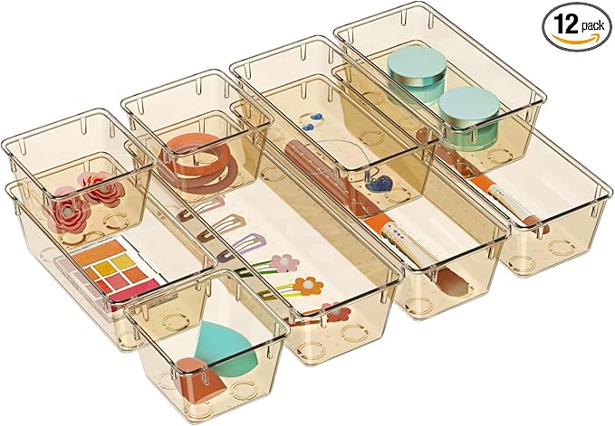WOWBOX 12 Pack Clear Drawer Organizer Set, Acrylic Drawer Storage Trays