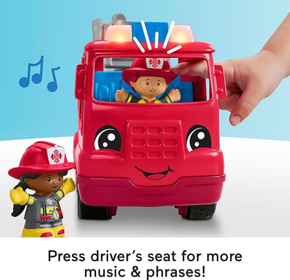 Fisher-Price Little People Toddler Toy Fire Truck Musical Push-Along Vehicle with 2 Figures for Pretend Play Ages 1+ Years