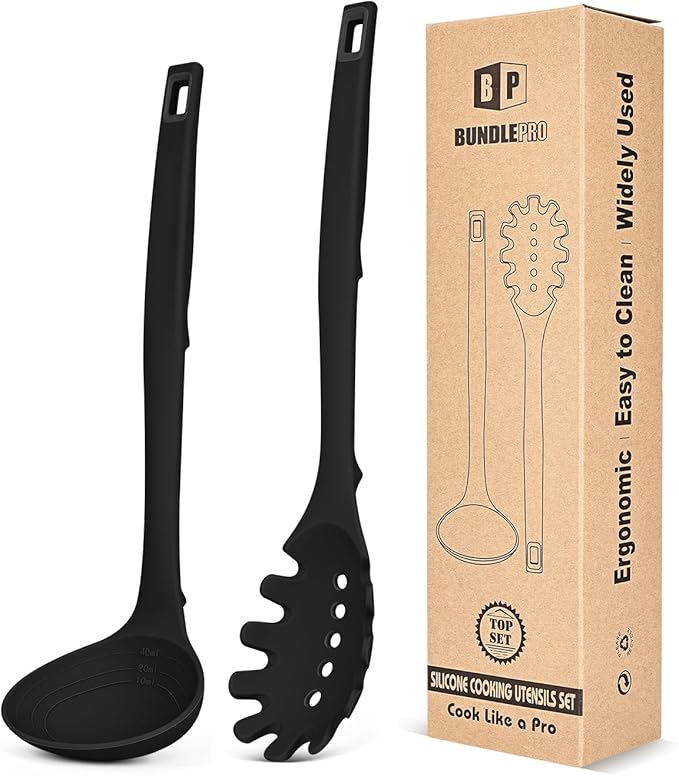 Silicone Pasta Fork and Soup Ladle Set, Heat Resistant Non Stick Kitchen