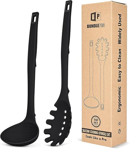 Silicone Pasta Fork and Soup Ladle Set, Heat Resistant Non Stick Kitchen