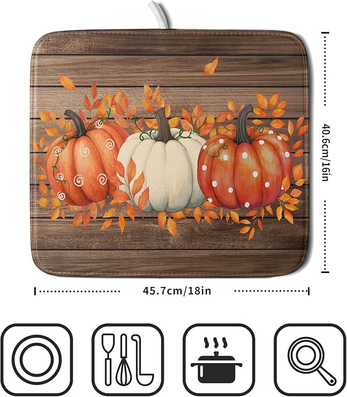 Autumn Pumpkin Dish Drying Mat Rustic Wood Dish Drainer Mats Fast Dry