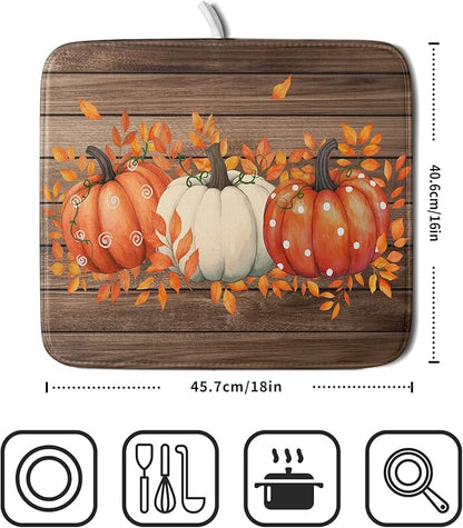 Autumn Pumpkin Dish Drying Mat Rustic Wood Dish Drainer Mats Fast Dry