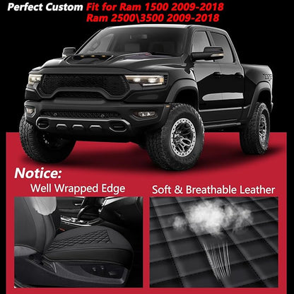 Ram Seat Covers 2009-2018 Full Set, Truck Interior Sets with Lumbar Support Custom Fit for Dodge Ram 1500/2500/3500 Crew/Quad/Mega Cab with Rear Curved Bench, Black