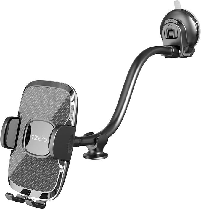 1Zero Solid Car Truck Phone Mount Holder with Thick Gooseneck Long Arm, Windshield Window Mobile Holders w/Industrial-Strength Suction Cup, Anti-Shake Stabilizer Compatible All Cell Phones, Black