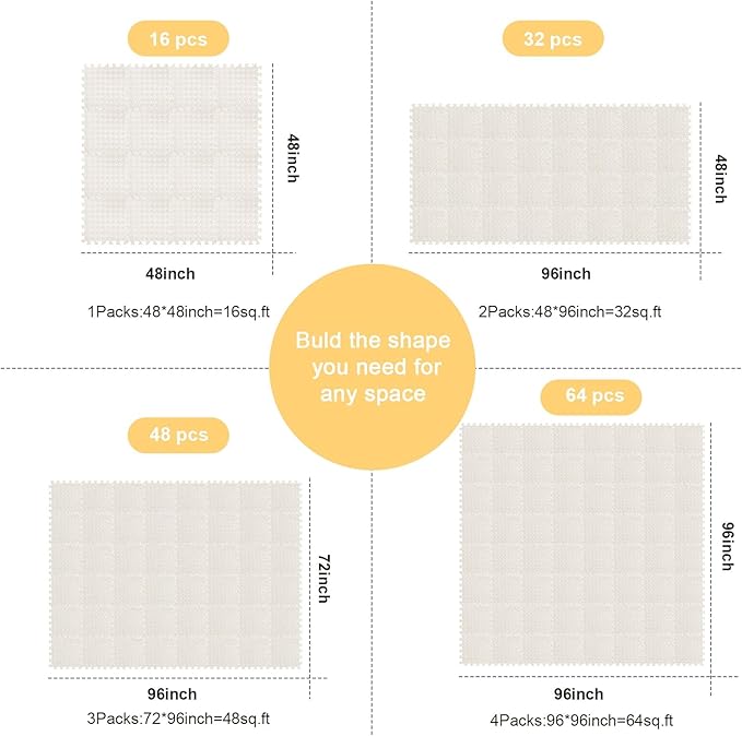 Shihanee Foam Floor Baby Tiles Foam Floor Mats Play Mats Bulk with Borders Interlocking for Kids Baby Playroom Nursery Gym(16ft,Ivory White)
