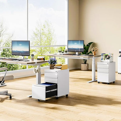 MIIIKO White Filing Cabinet 3 Drawers on Wheels Under Desk, Metal Rolling File