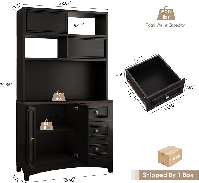 71" Black Pantry Cabinet with Charging Station, 4-Type Storage & Anti-Tip Design, Kitchen Cabinet with Sliding Door/Adjustable Shelves