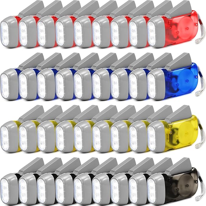 Treela 36 Pcs Hand Crank Flashlights Operation Christmas Bulk Items Squeeze Flashlight No Battery Required Torchlight 3 Powered Charging for Emergency(Yellow, Gray, Blue, Red)