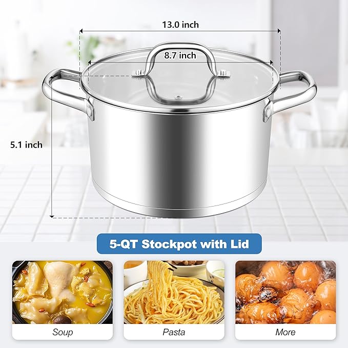 Homikit 5 Quart Stock Pot, Stainless Steel Soup Cooking Pot