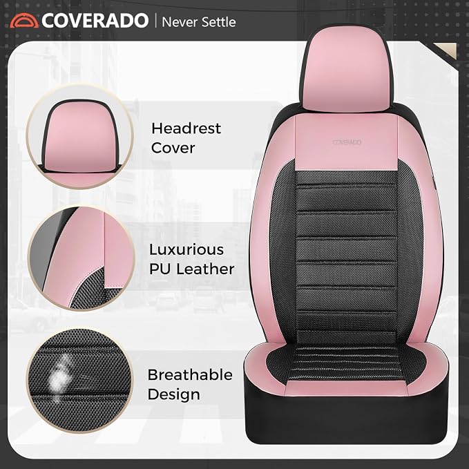 Coverado Car Seat Covers Full Set, Luxury Leather Car Seat Covers, Automotive Front and Rear Mesh Seat Covers, Full Set 5 Seats, Pink Black Seat Covers for SUV Sedan Truck