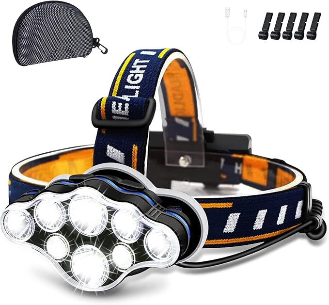 Rechargeable Headlamp, 8 LED Headlamp Flashlight 18000 Lumen 8 Modes with White Red Lights USB Cable, Waterproof Head Lamp for Outdoor Camping Cycling Running Fishing