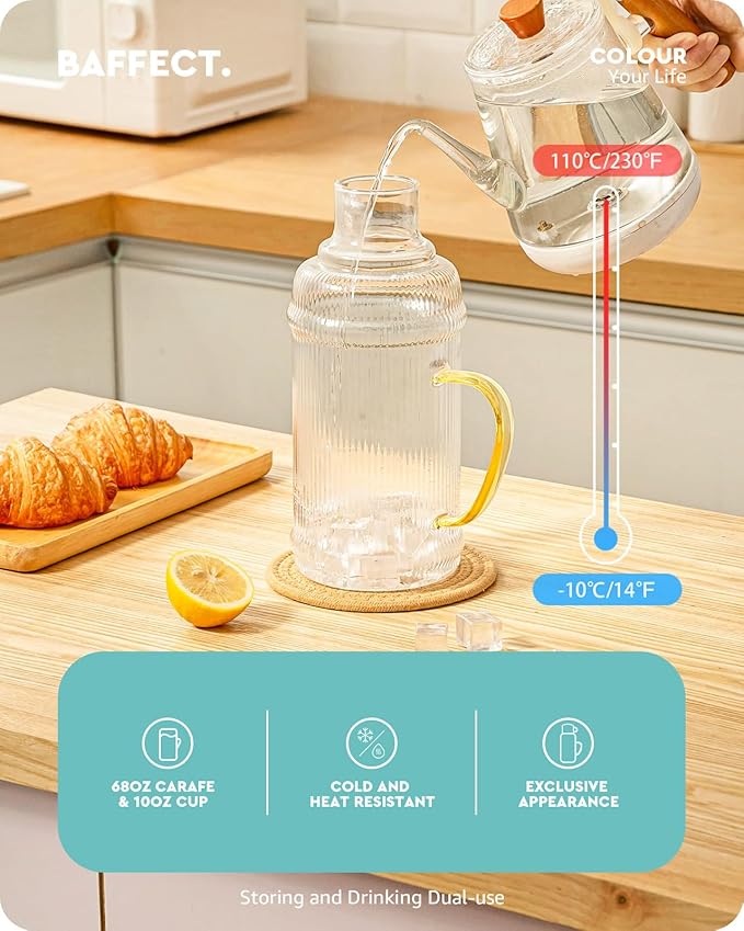 Baffect Bedside Water Carafe And Glass Set, High Borosilicate Glass Pitcher