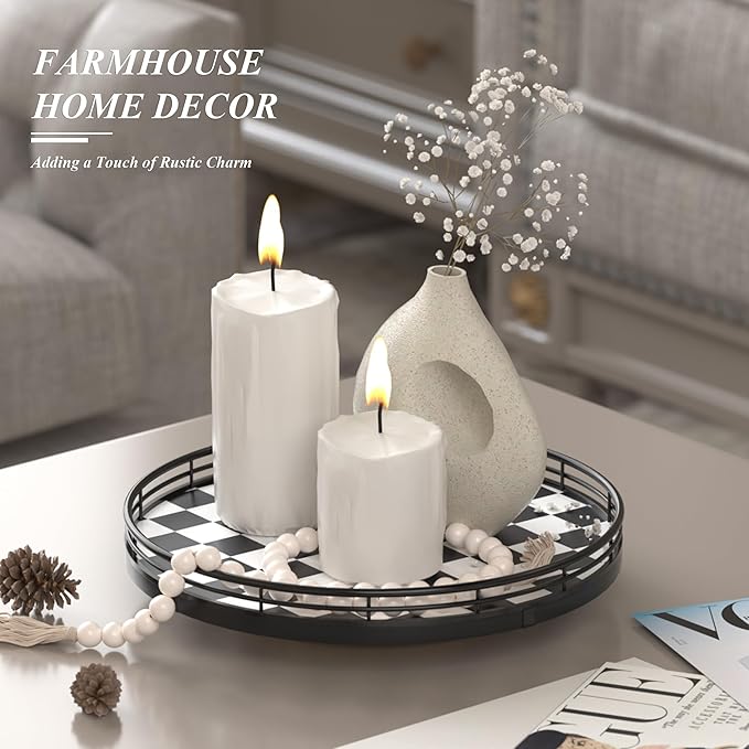 Black and White Kitchen Lazy Susan Turntable – Checkered Round Decorative Tray