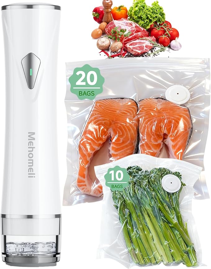 Compact Vacuum Sealer for Food (Vacuum Sealer Machine + 30 Reusable Vacuum Bags), Powerful Handheld Vacuum Sealer Machine, Seal Food 6X Fresh Longer, Portable & Wireless, Easy-Clean