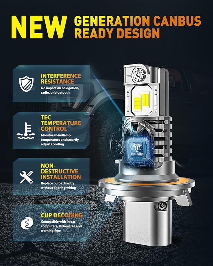 Termitor Upgraded 9008/H13 Bulbs, 70,000LM 1500% Ultra-Bright, 6500K Pure White H13/9008 Light Conversion Kits, IP68 Waterproof, Easy Plug and Play Installation, Pack of 2