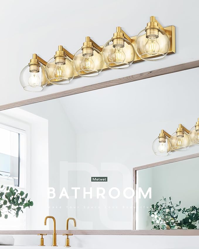METWET Bathroom Light Fixtures, 5 Light Brushed Gold Vanity Light, 32 Inch