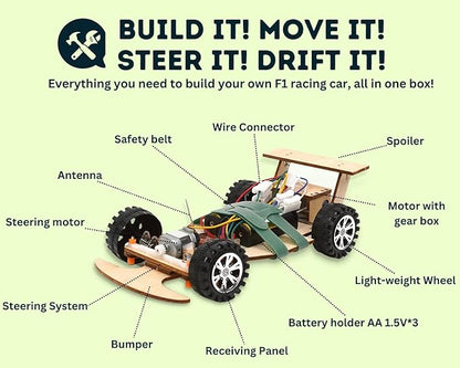 Wooden Wireless Remote Control F1 Racing Car Science Kit to Build (3 Pack of Green)