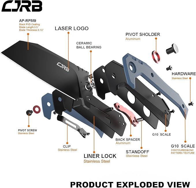 CJRB Tigris Tactical Knife, Pocket Knife with AR-RPM9 Powder Steel Black PVD Blade Black & Blue G10 Handle for EDC Camping Hunting (J1919)