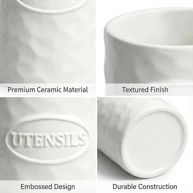 White Utensil Holder Set of 2 Ceramic Cooking Utensil Crock Modern Kitchen