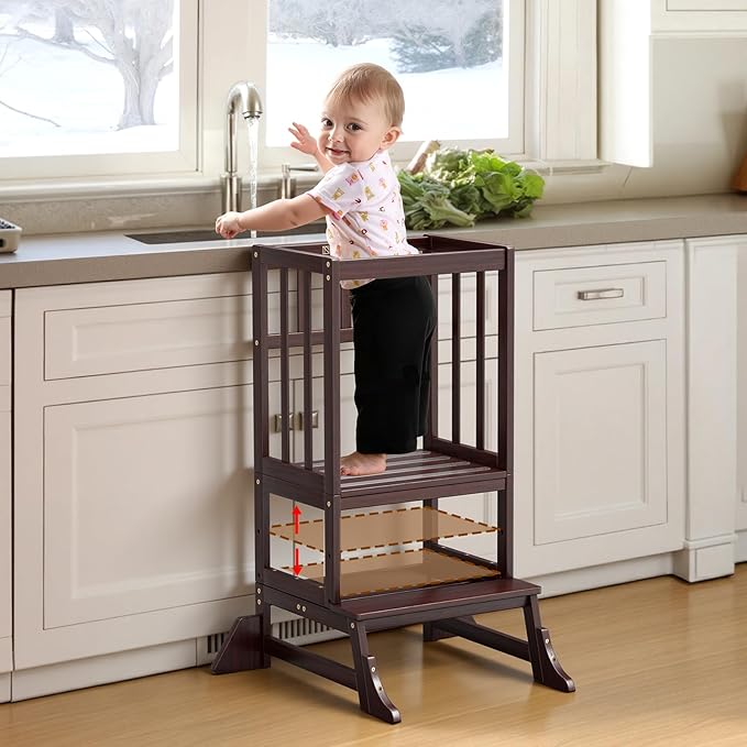 COSYLAND Height Adjustable Kitchen Stool for Toddlers – Portable Toddler Standing Tower for Learning and Cooking – Stable Kids Helper Tower with Stability Block for Kitchen Counter (Walnut)