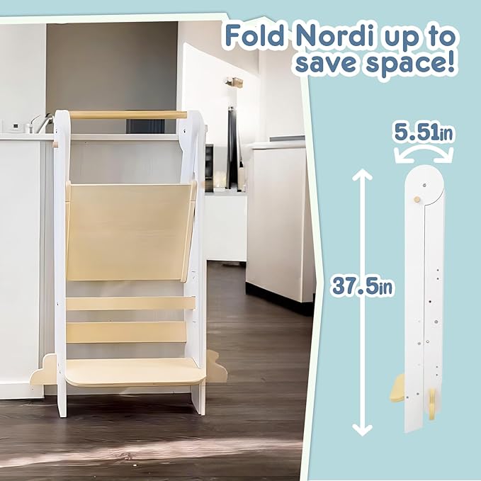 Nordi Foldable Toddler Kitchen Tower, Montessori Kitchen Stools Helper, Standing Tower with 3 Adjustable Heights, Suitable Age for 2-6 Years, White
