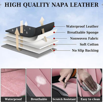 Coverado Universal Seat Covers Full Set, 5 Seats Universal Seat Covers for Cars, Waterproof Nappa Leather Car Seat Covers with Head Pillow, Auto Protectors Fit for Most Pick-up Truck, Black&Pink